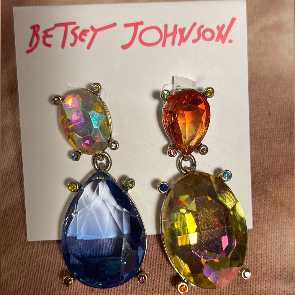 Betsey Johnson Large Gem Stone Earrings. Blue Gems Orange Gems Yellow Gems
